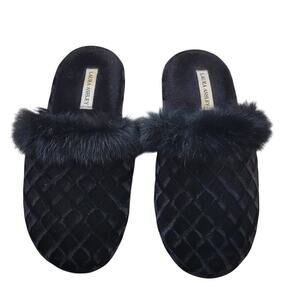 Laura Ashley Black Velvet Boudoir Slippers Faux Fur Plush Cozy Luxe